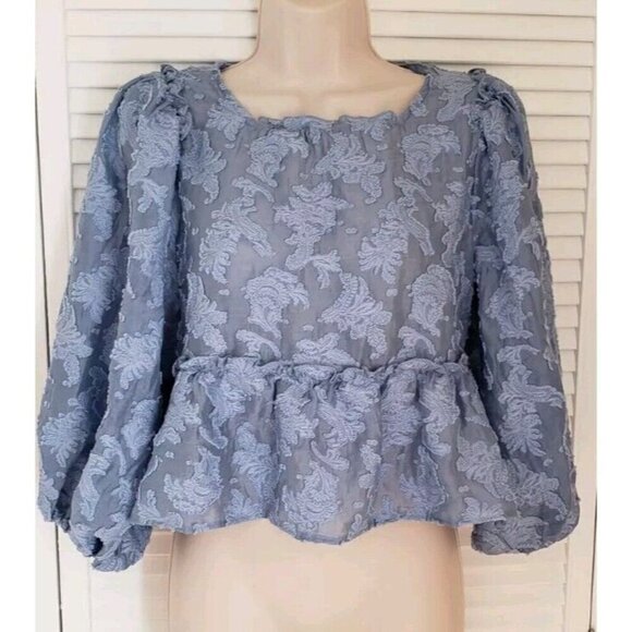 NWT FREE PEOPLE BLUE BURNOUT FLOWER PEPLUM PUFF SLEEVE TIED BACK TOP SZ XS - Picture 1 of 7